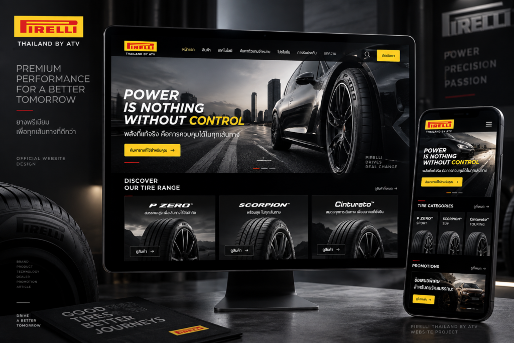 ผลงาน Pirelli by ATV: เว็บไซต์ค้นหายางและตัวแทนจำหน่ายสำหรับผู้นำเข้า PIRELLI ในไทย